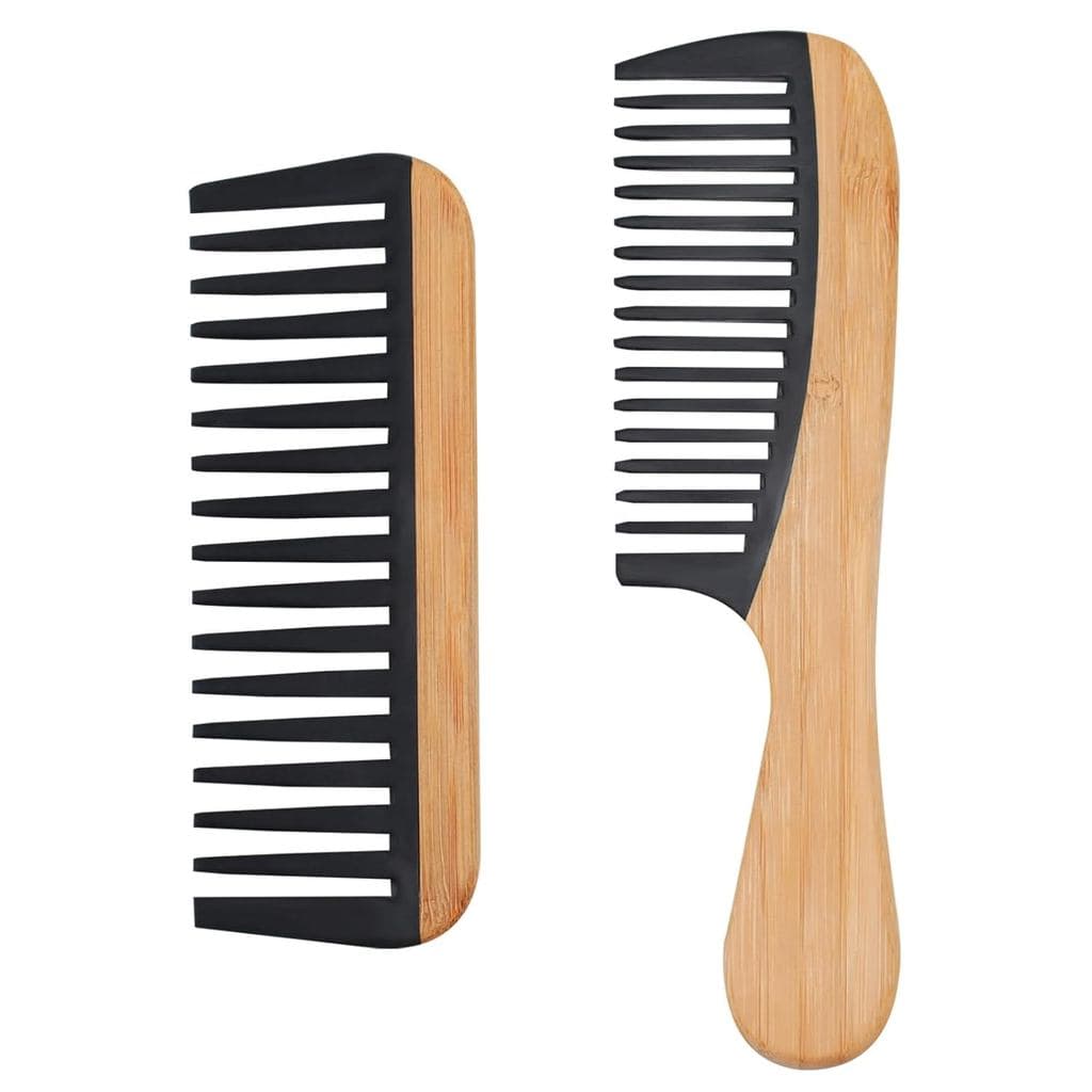 Conjunto de 2 Pentes Desembaraçadores de Bambu - Pente Antiestático, Pente de Dentes Largos para Cabelos Molhados/Cachea