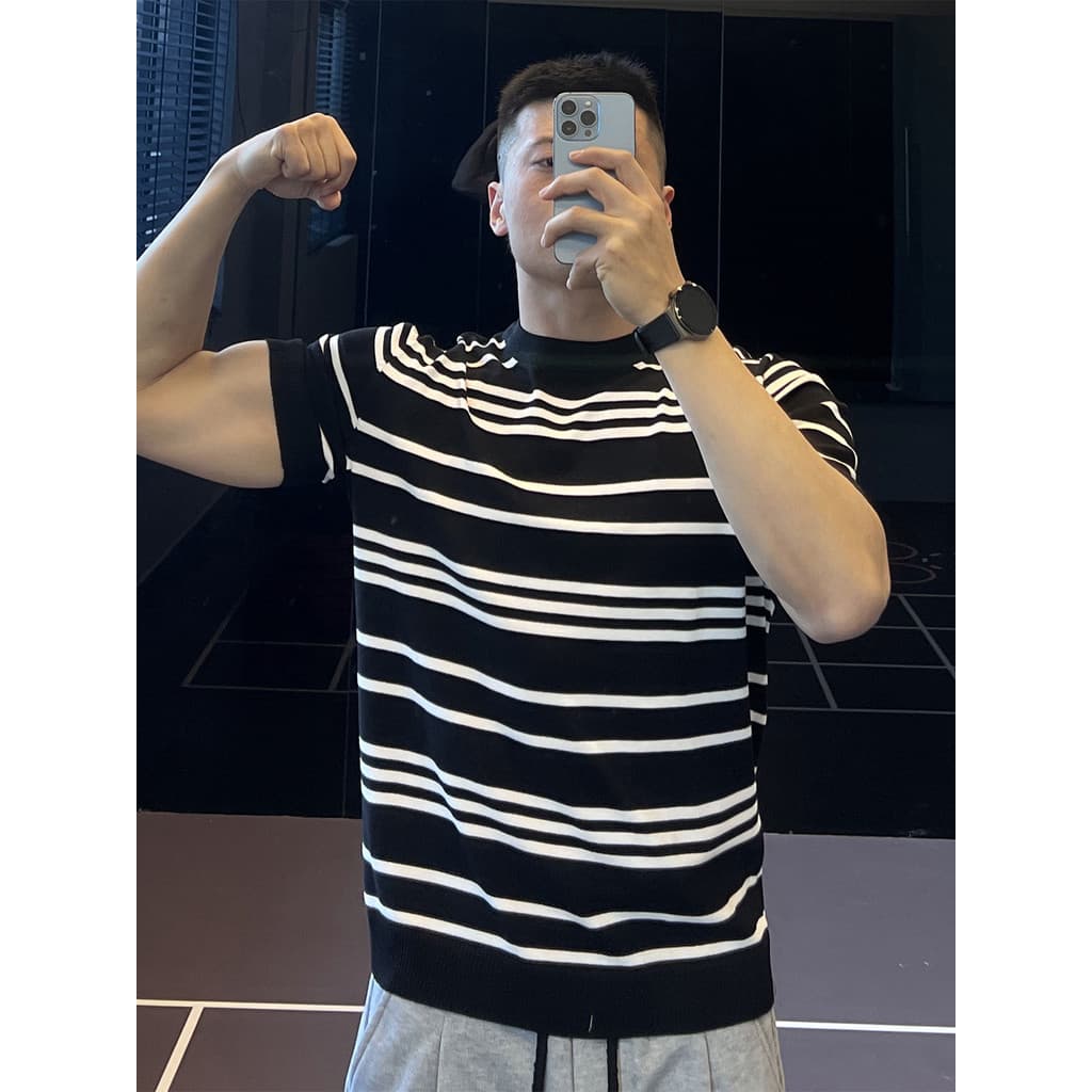 Americano Retro de alta qualidade contraste cor All-Match listrado malha de manga curta masculino verão Casual respiráve