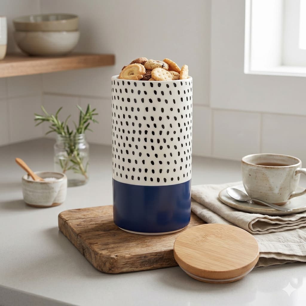 Pote Potiche Grande Azul Marinho Poá Preto Tampa Bambu 1,5L