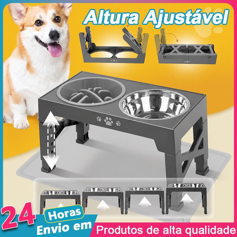 Comedouro Bebedouro Regulável para Cães e Gatos 2 Potes Inox Silencioso