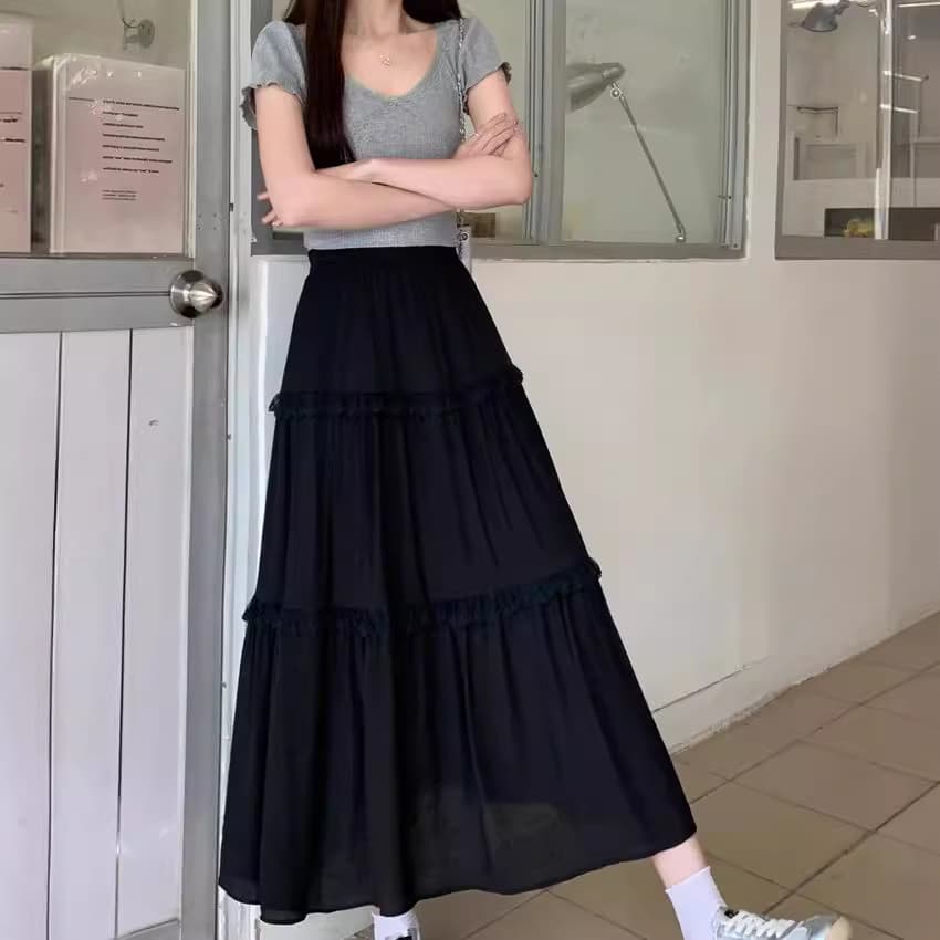 Super fada renda costura bolo saia feminina verão suave Drape cintura alta saia de comprimento médio versão coreana mais