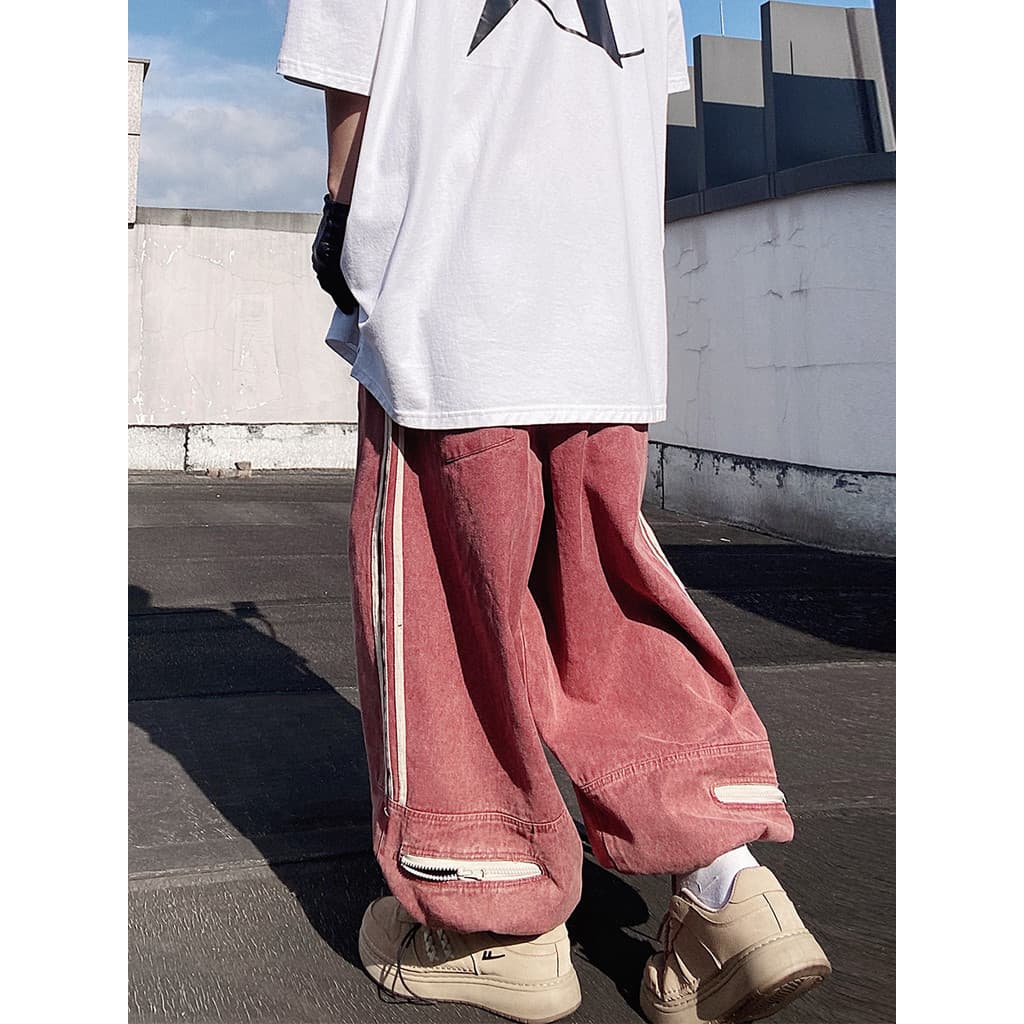 UUCSCC Hip-Hop Street Wear Japonês Retro Tie-Leg Calças Esportivas Soltas Macacão de Perna Larga Três Barras Um