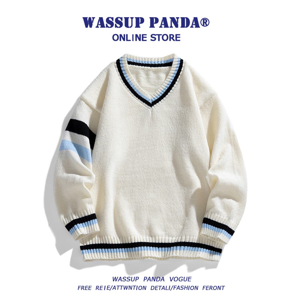 WASSUP PANDA Suéter masculino estilo formal com decote em V outono inverno roupa de rua solta Casual Base suéter de malh