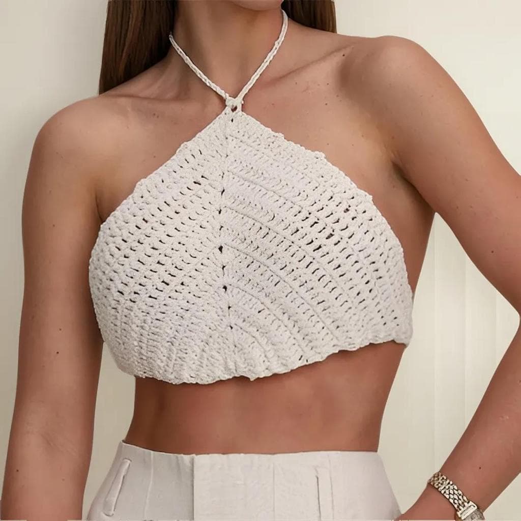 Top Cropped Feminino em Crochê Artesanal Modelo Triângulo Moda Praia