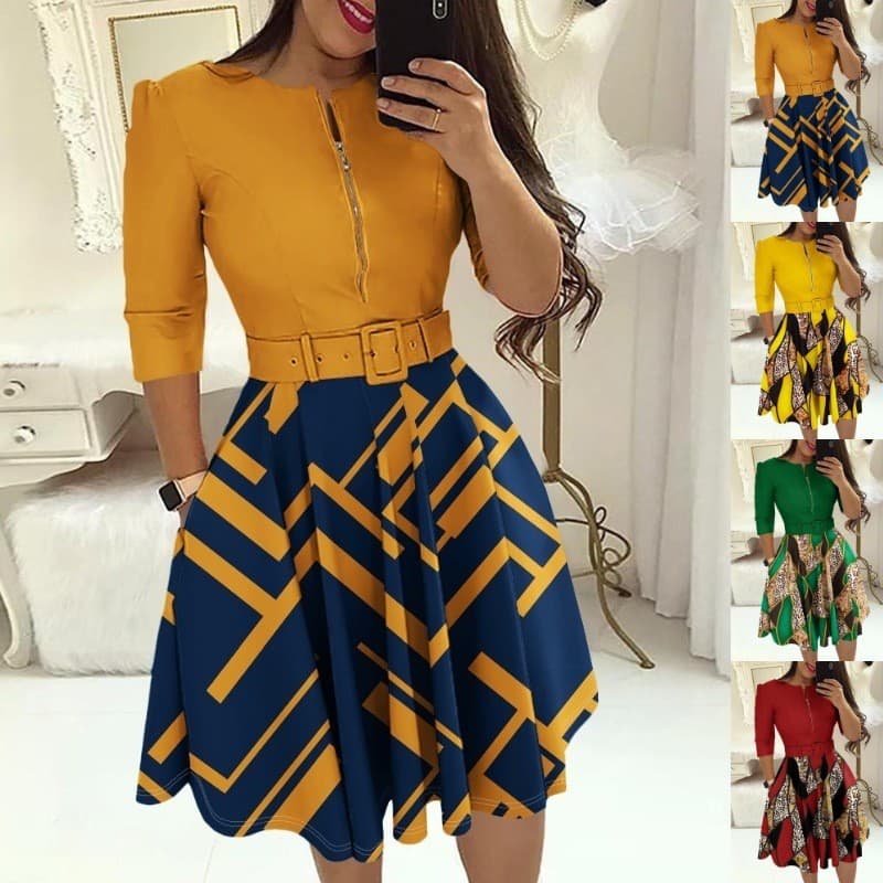 Cross-Border 2025 outono inverno europeu americano em torno do pescoço impresso cinto moda Casual Commuter vestido femin