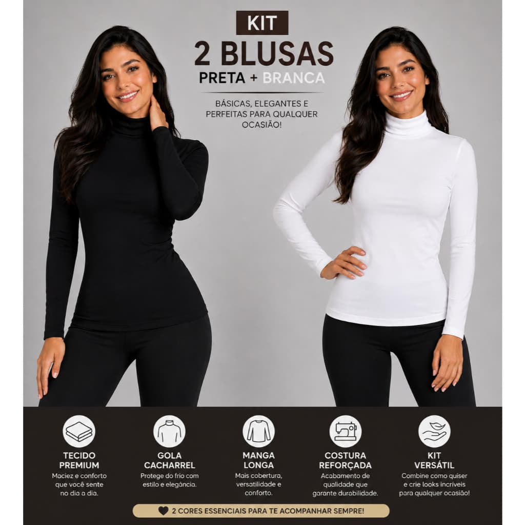 Kit 2 Camisetas Cacharrel Blusa Gola Alta Manga Longa Feminina Inverno Viscolycra