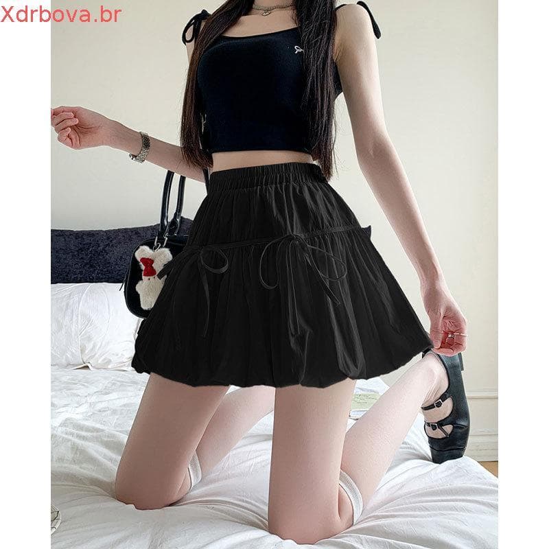 2026 primavera outono nicho novo estilo doce cordão bolo a linha saia curta cintura alta Anti-reflexo quente menina saia