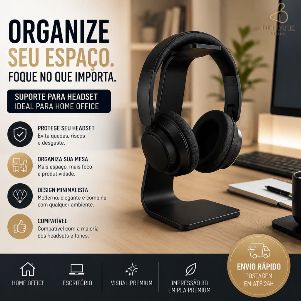 Suporte Headset Home Premium | Organizador de Mesa para Fones | Setup Gamer e Home Office