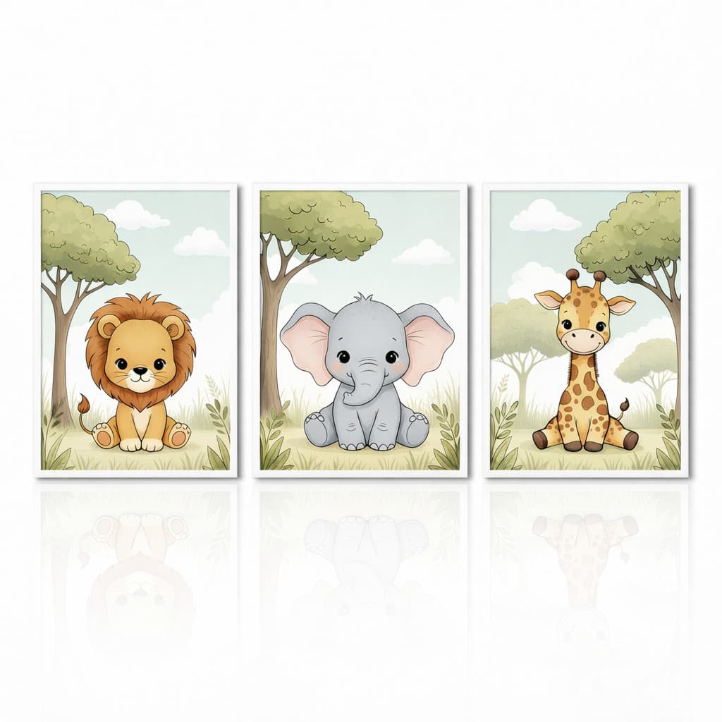 Quadros Decorativos Safari Infantil Kit 3 Peças Decoração Quarto Criança Animais Leãozinho Leão