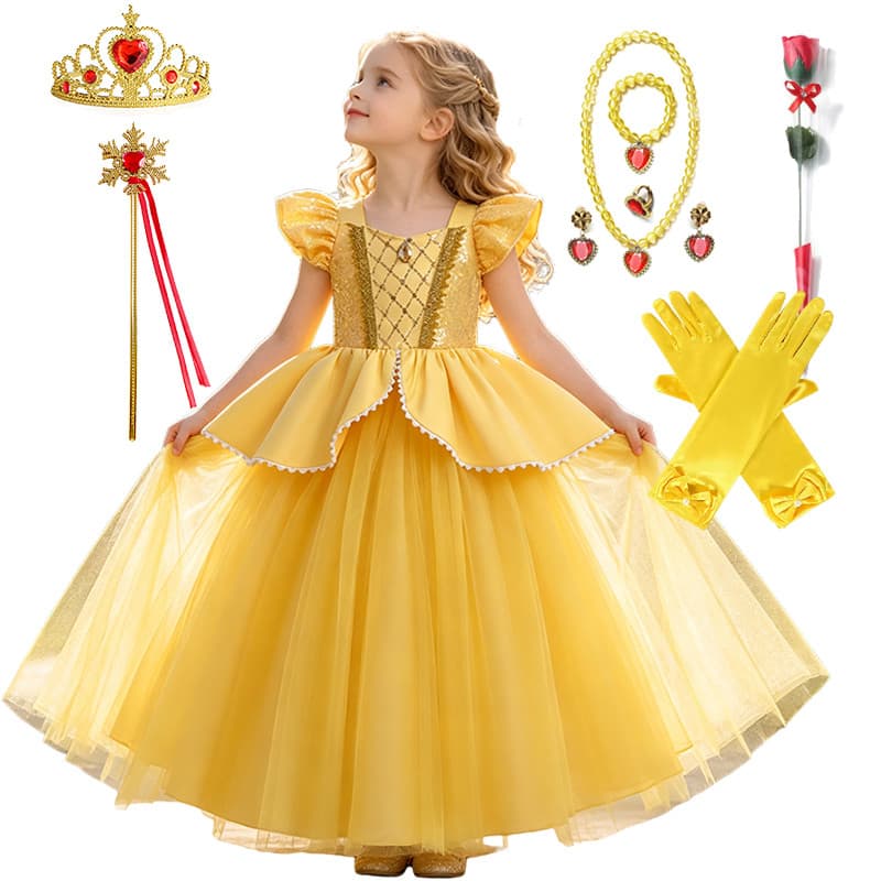 Meninas Princesa Belle Festa De Aniversário Fantasia Vestido Infantil Luxo De Malha Babados Crianças Cosplay Traje