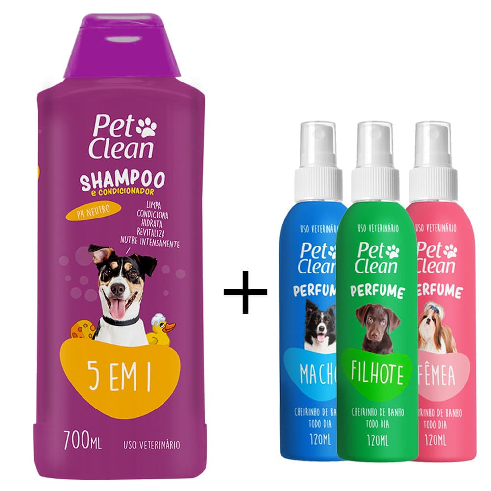Kit Shampoo 5 em 1 + Perfume para Cães e Gatos Pet Clean