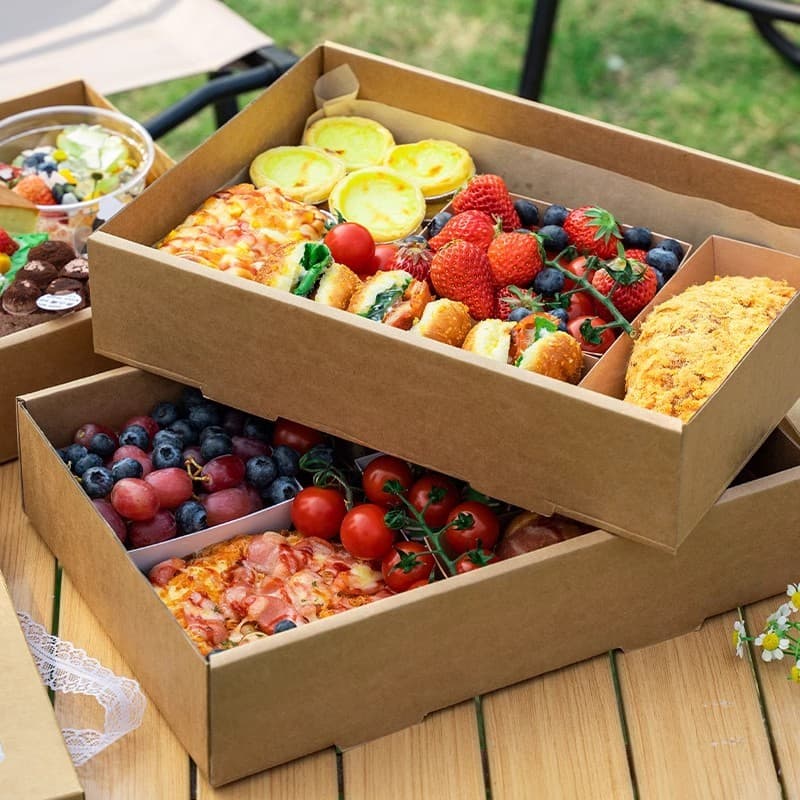 Caixa de piquenique de papel Kraft para acampamento, caixa descartável para Bento, caixa de papel para frutas, caixa de
