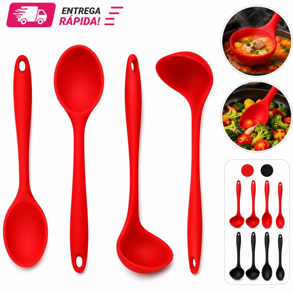 Concha Para Feijão e Colher Para Arroz De Silicone resistente ao calor Para Cozinha Linha Premium Vermelho Preto