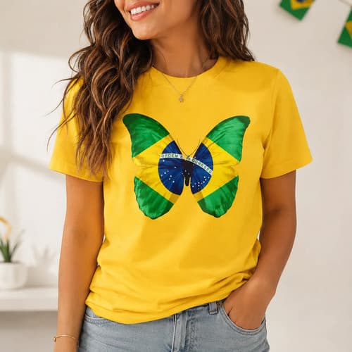Camiseta Feminina Brasil Hexa 100% Algodão Blusa Camisa Copa do Mundo Jogo Torcida Confortavel Leve Brasil Borboleta