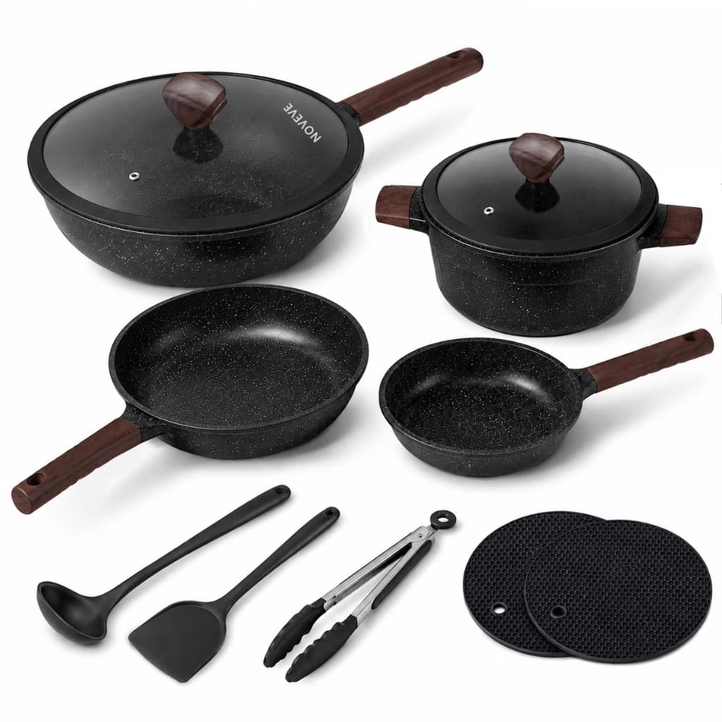 Jogo de Panelas Antiaderente 11 Peças para Indução Kit Completo com Wok Frigideiras Caçarola Tampas e Acessórios
