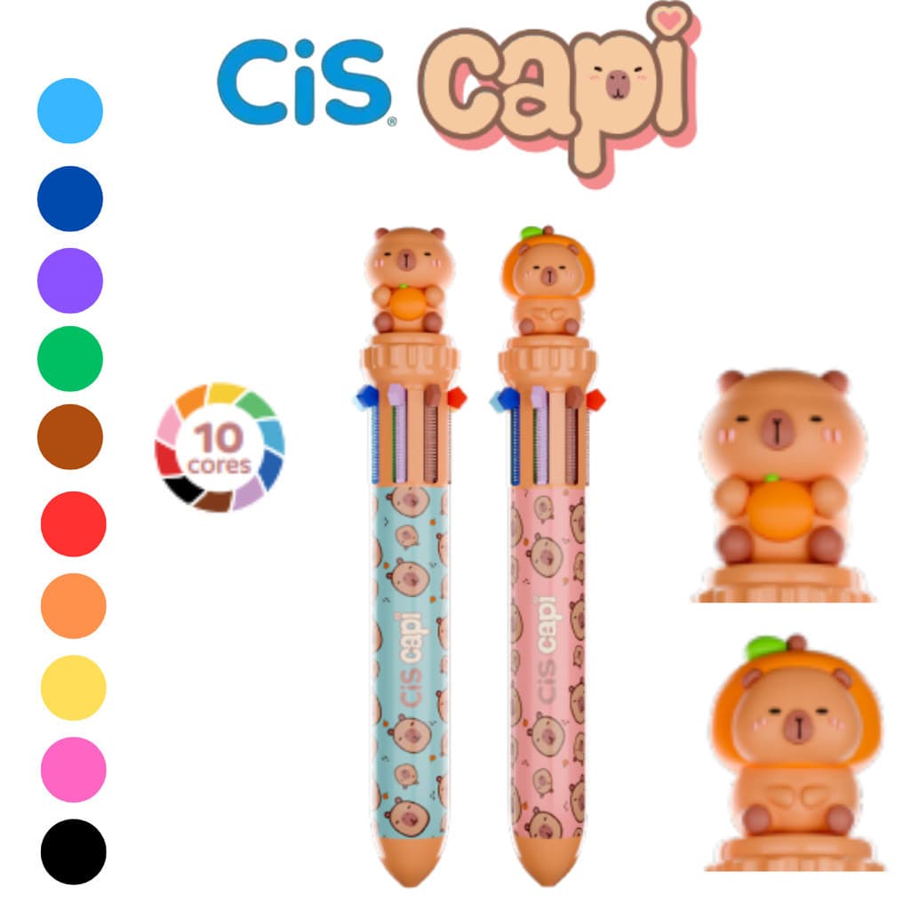 Caneta 10X1 Capivara Retratil Esferografica com 10 Cores Cis Papelaria Material Escolar Volta Aulas