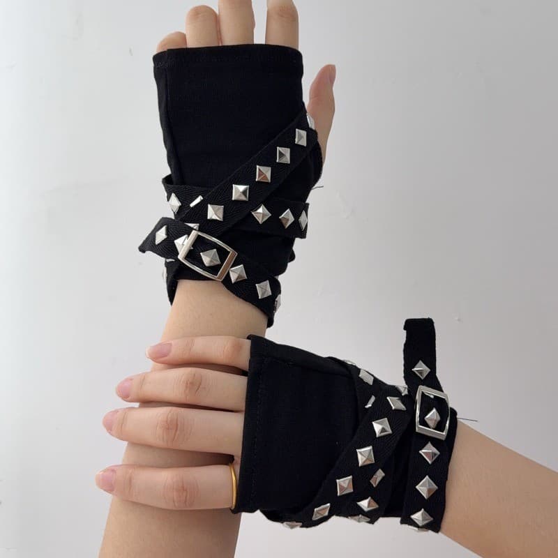 Luvas de Corrente com Rebites Pretas – Y2K, Punk, Gótico Para Mulheres, Homens, Mangas de Pulso Estilo Streetwear