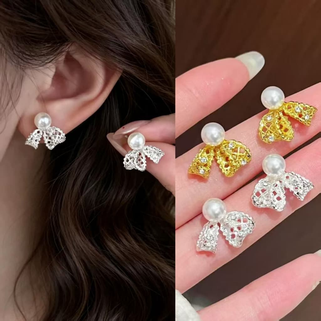 Doce laço arco pérola brincos feminino luz luxo high-end brincos único nicho high-end luz brincos de luxo