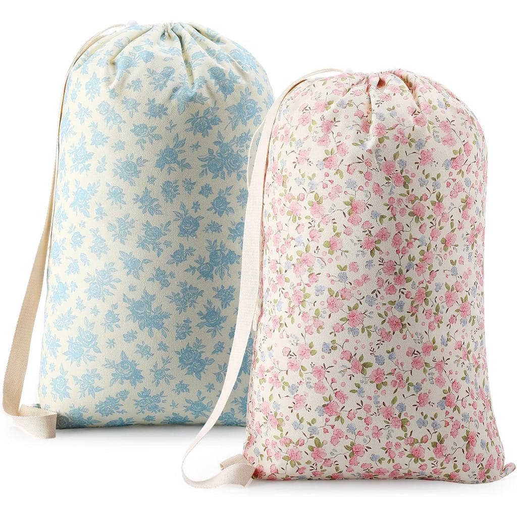 SATINIOR 2 Sacos de Lavanderia Florais 29" x 18" Rosa Azul em Lona com Cordão e Alças de Ombro, Laváveis, Organizador de