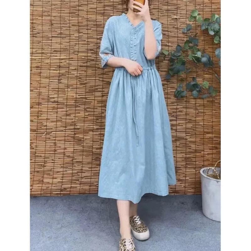 Estilo étnico verão novo estilo Retro literário bordado puro algodão Jacquard vestido de comprimento médio cintura estre