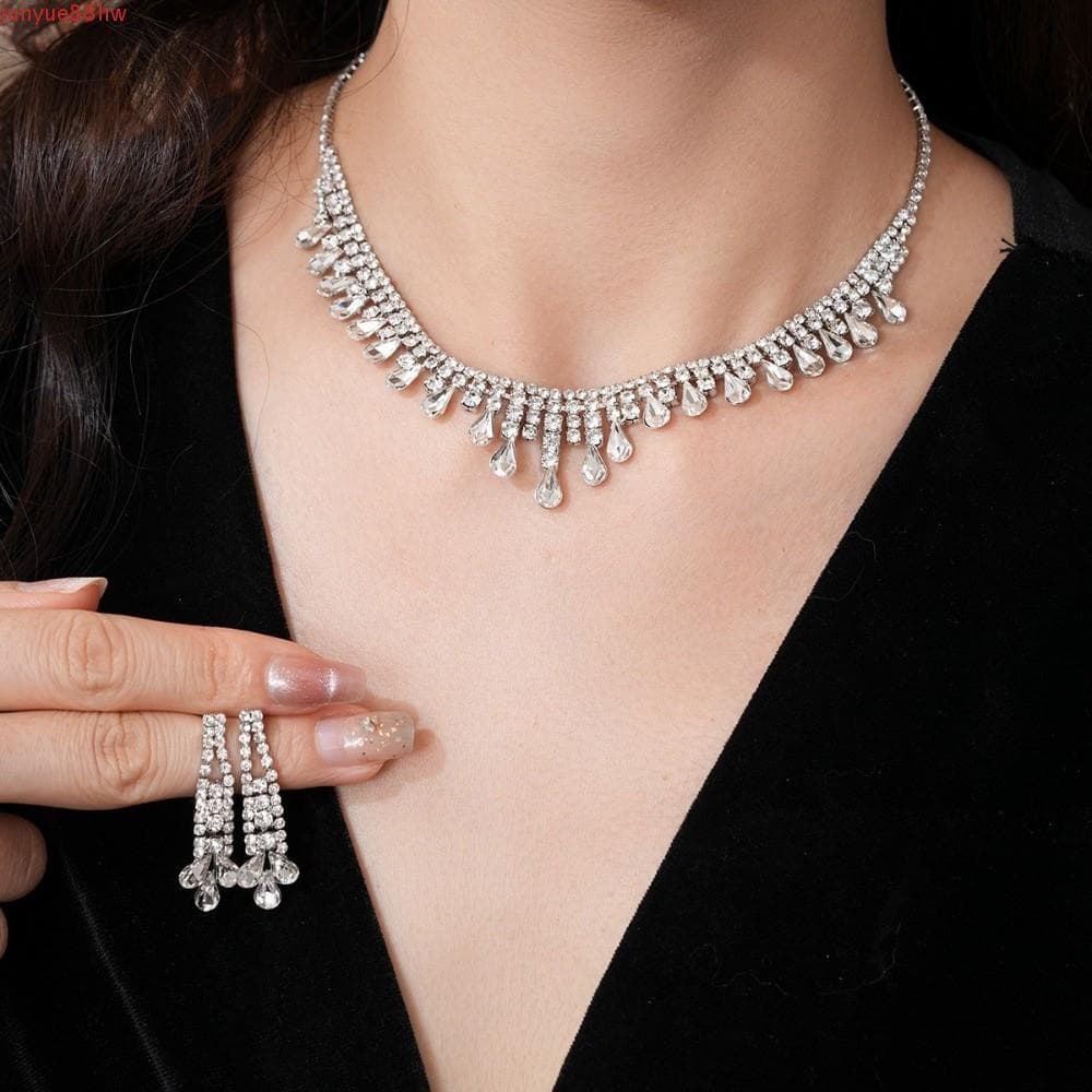 JUNYUE Conjunto De Joias De Strass , Brincos De Colar De Borla Incrustada Com Gota De Água Cristal Requintado