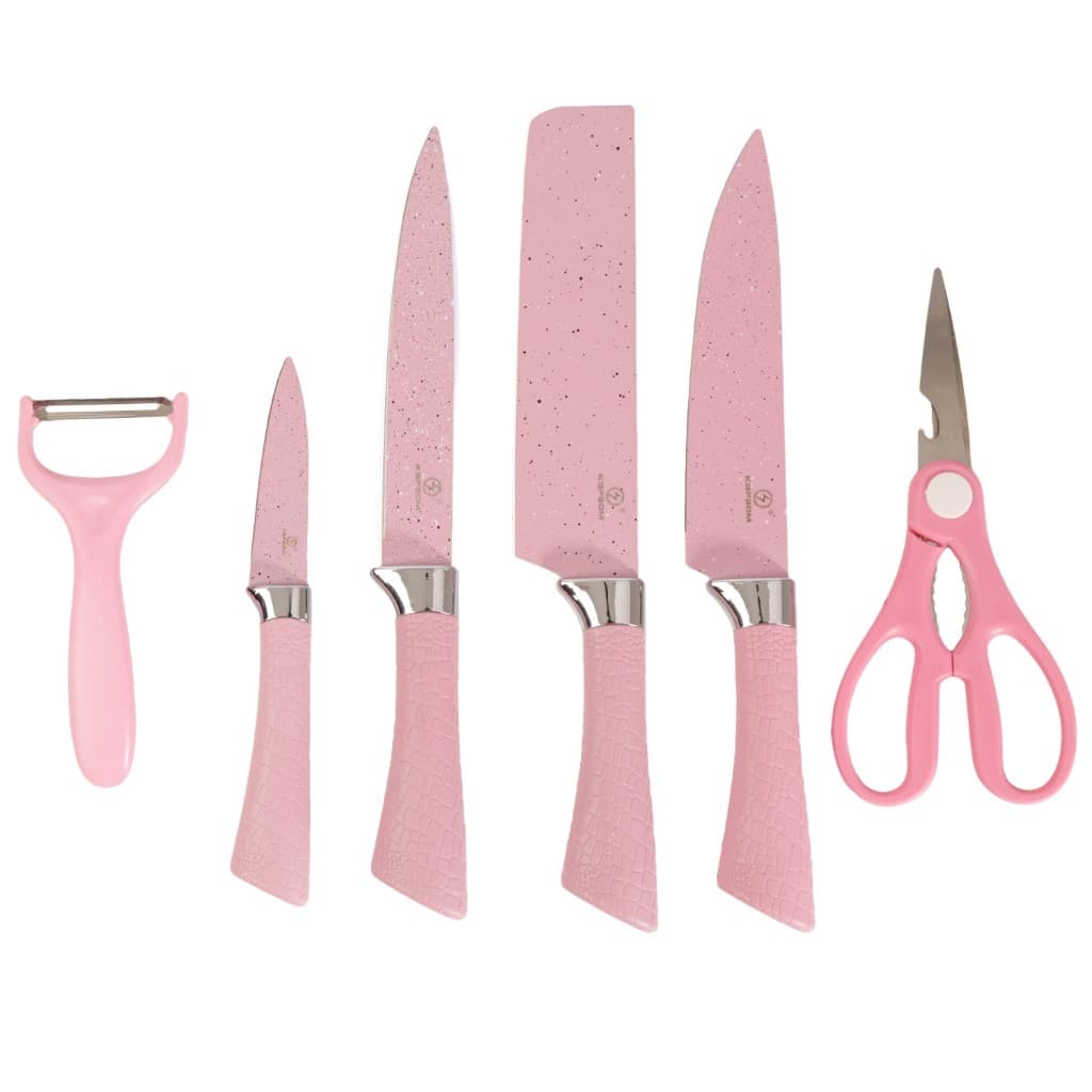 Kit Facas De Cozinha Rosa Com Tesoura E Descascador