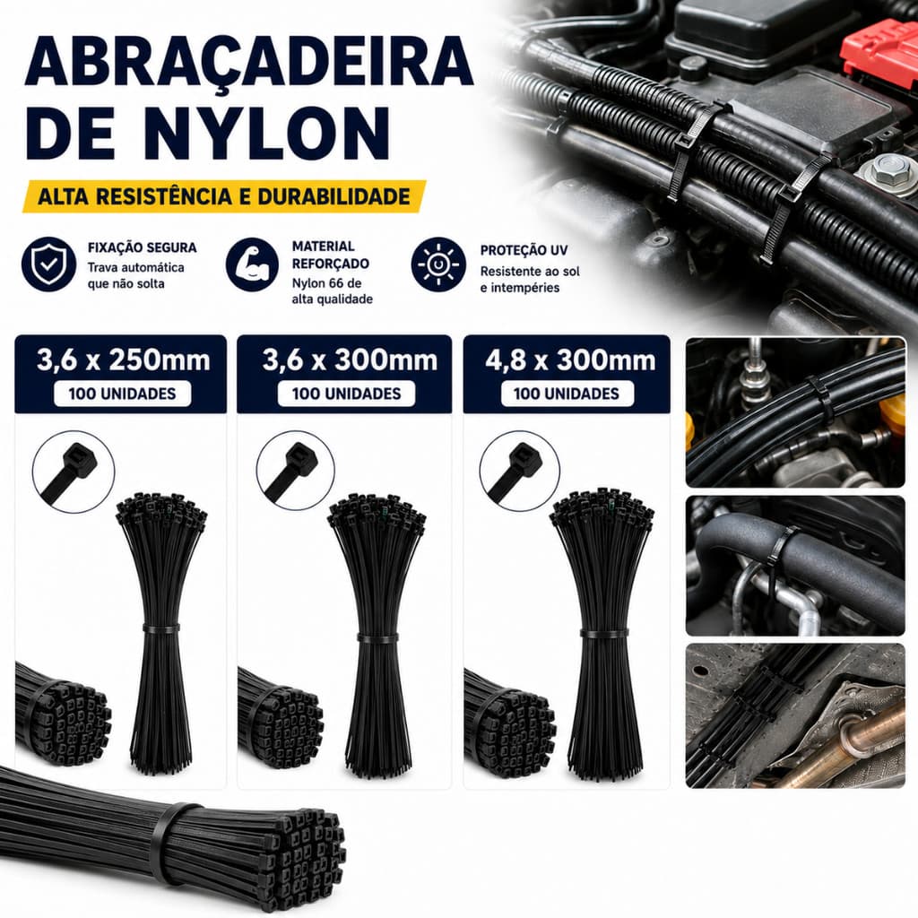 Kit 300 Abraçadeiras Enforca Gato De Nylon Cinta Plástica Hermann 3,6x300mm  3,6x250mm  4,8x300mm