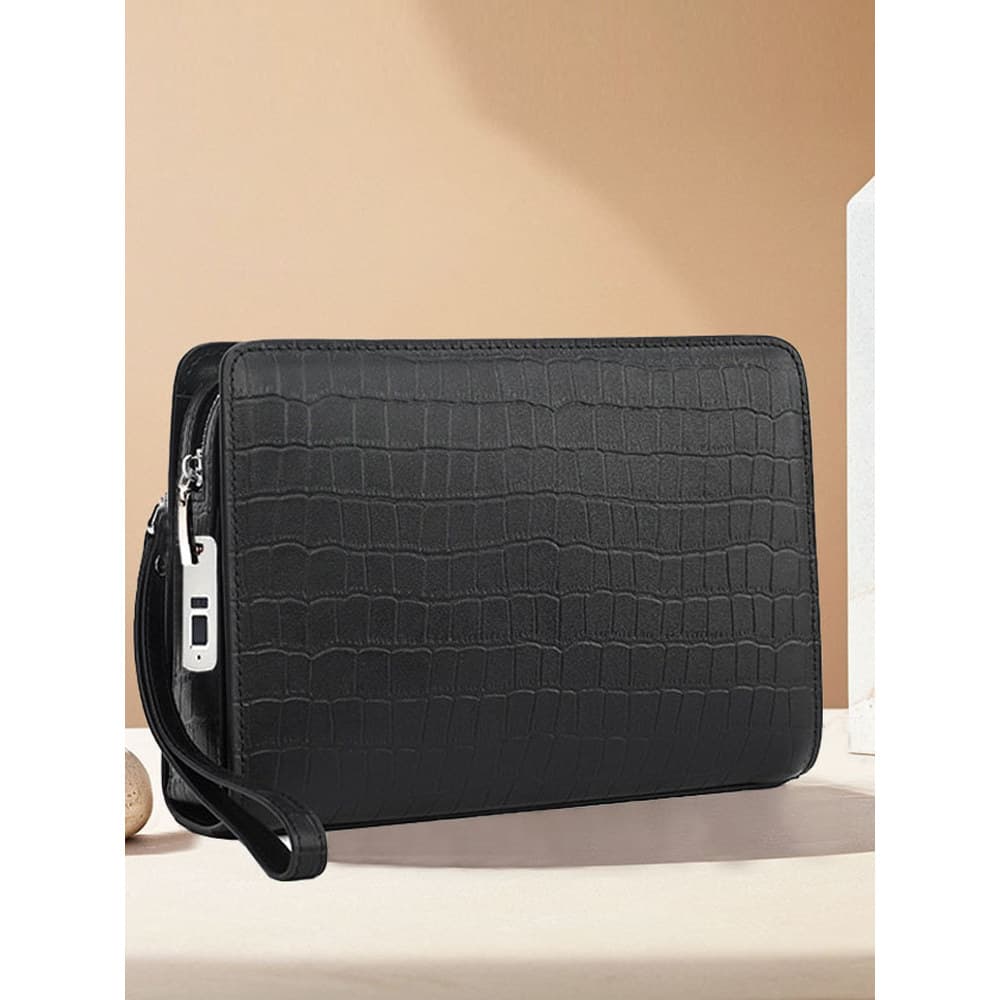 Bolsa de embreagem masculina couro genuíno novo estilo bloqueio de impressão digital saco de embreagem negócios grande c