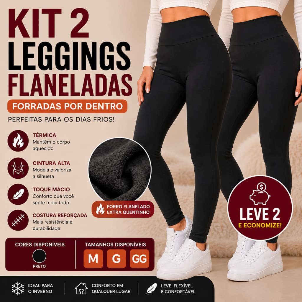 Kit 2 Calças Legging Flanelada Peluciada Térmica Feminina Cintura Alta Forrada Inverno