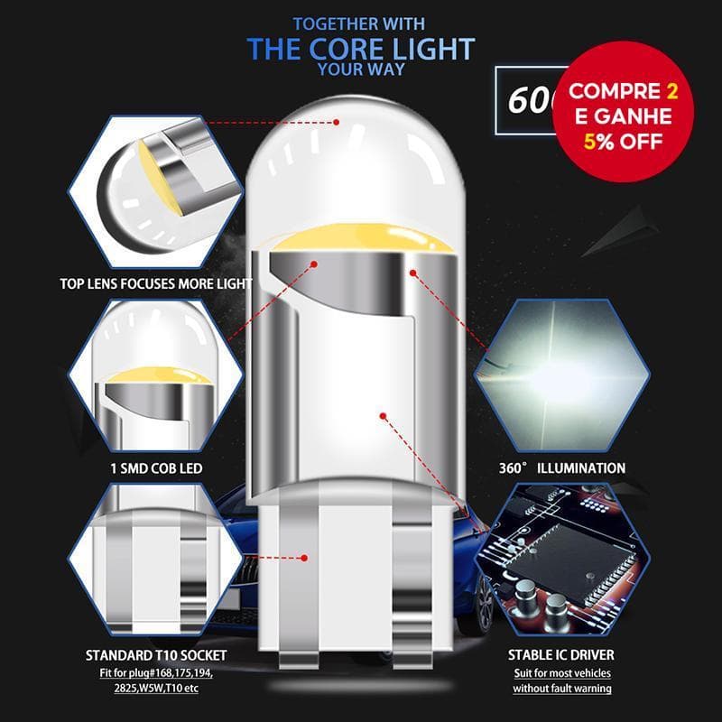 Novas 10 unidades Lâmpada LED T10 W5W 168 501 2825 COB para Estacionamento e Porta Lateral do Carro