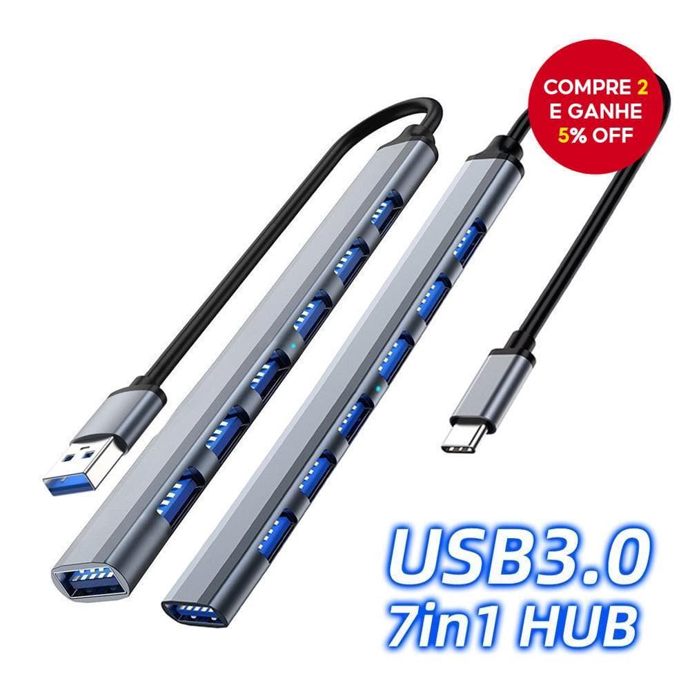 HUB USB3.0 7 em 1 Tipo C com 4 e 7 portas OTG, Adaptador de Energia para Macbook, PC e Laptop, Estudo e Escritório