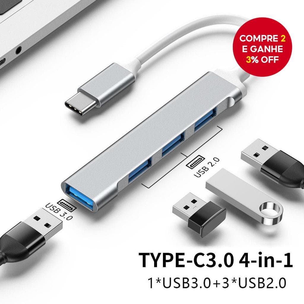 Hub USB de alta velocidade 3.0 com 4 portas tipo C para adaptador de carregador divisor para laptop e PC