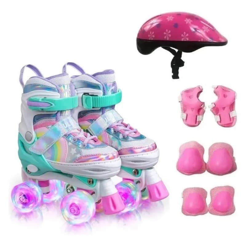 Patins Arco-íris Feminino Rodinhas Com Led + Kit Proteção