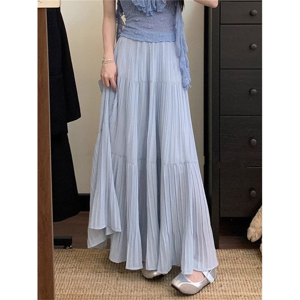 Estilo suave Design saia plissada azul claro A linha saia feminina verão cintura alta All-Match grande balanço saia long