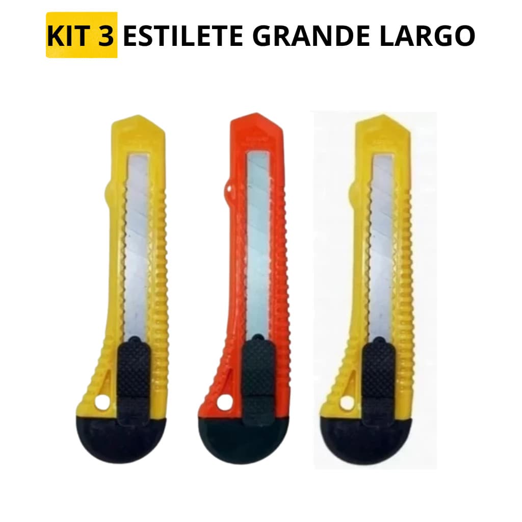 KIT 3 Estilete Grande Largo 18mm Masterprint Cortar Papelão Caixa Plastico Escritorio