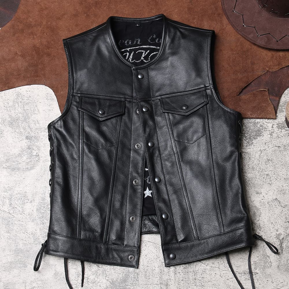 Colete de couro genuíno genuíno ciclismo colete de couro Harley masculino sem mangas colete de couro primeira camada clu
