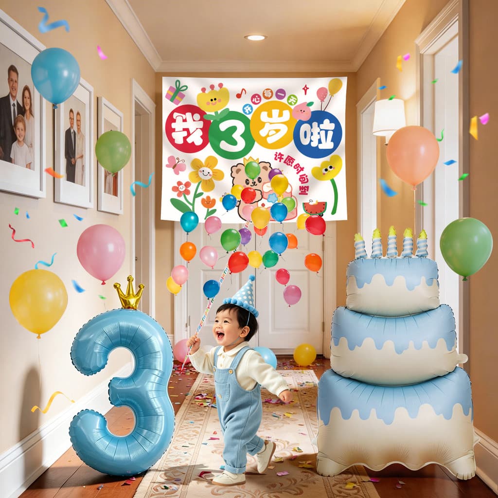 Crianças bebê menino balão chuva cachoeira feliz aniversário cerimônia sentido atmosfera fundo decorações de parede cena