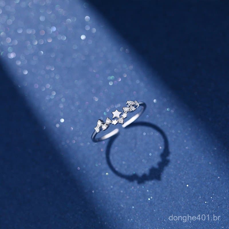 Anel de Prata em Forma de Estrela com Diamantes Luxuosos, Joia Elegante e Ajustável para Casamentos e Festas Femininas