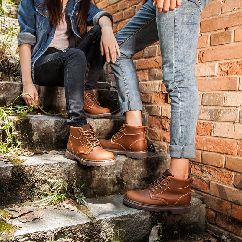 Botas Martin de couro genuíno com bico redondo Botas masculinas britânicas Botas de couro casuais Botas femininas retrô