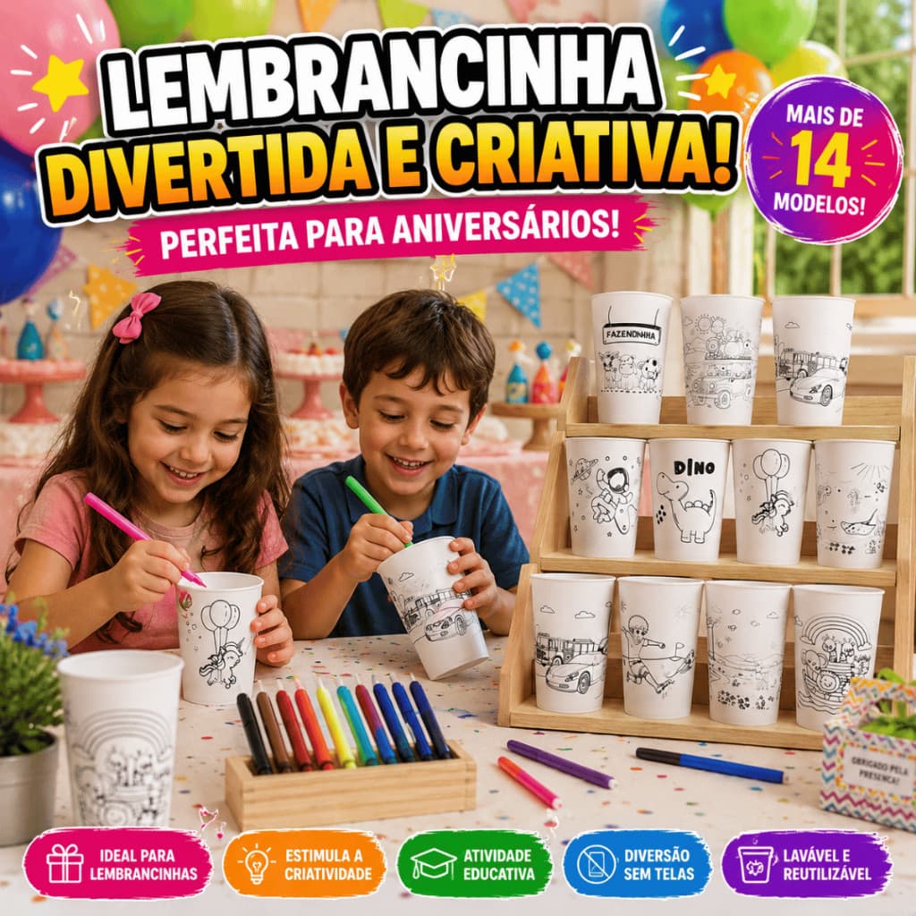 Kit Copos Personalizados Para Lembrancinhas de Aniversário Infantil Divertida Criativa Educativa