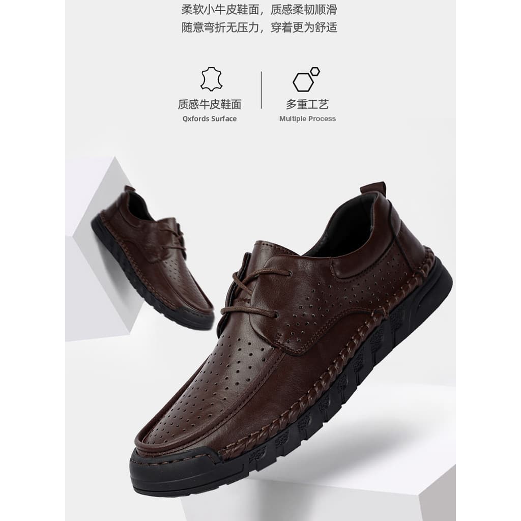 Verão 2026 novo estilo sapatos masculinos de couro macio oco respirável sapatos de couro de sola macia antiderrapante sa