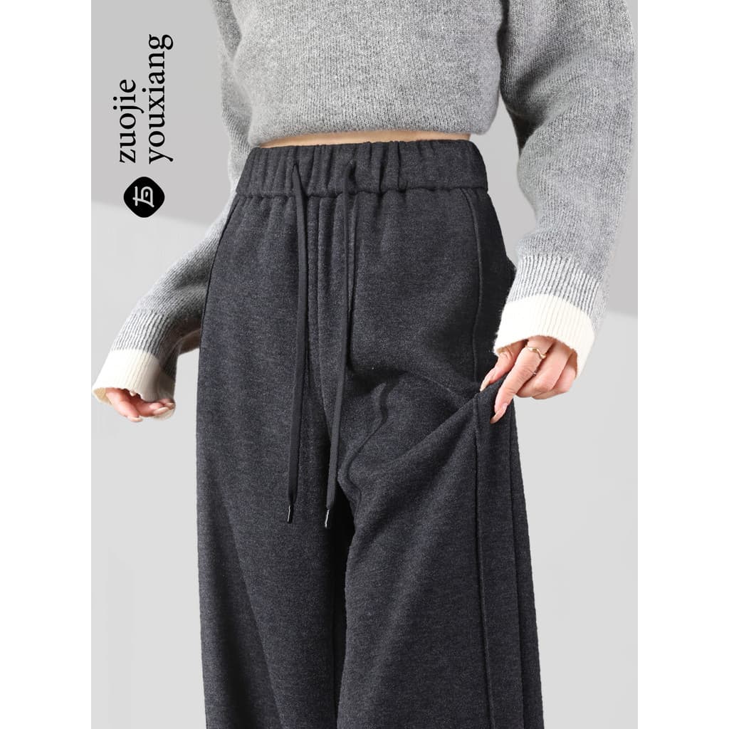 Calças largas de lã de acetato femininas inverno 2026 novo estilo pequeno cinza escuro reto solto calças de lã grossa