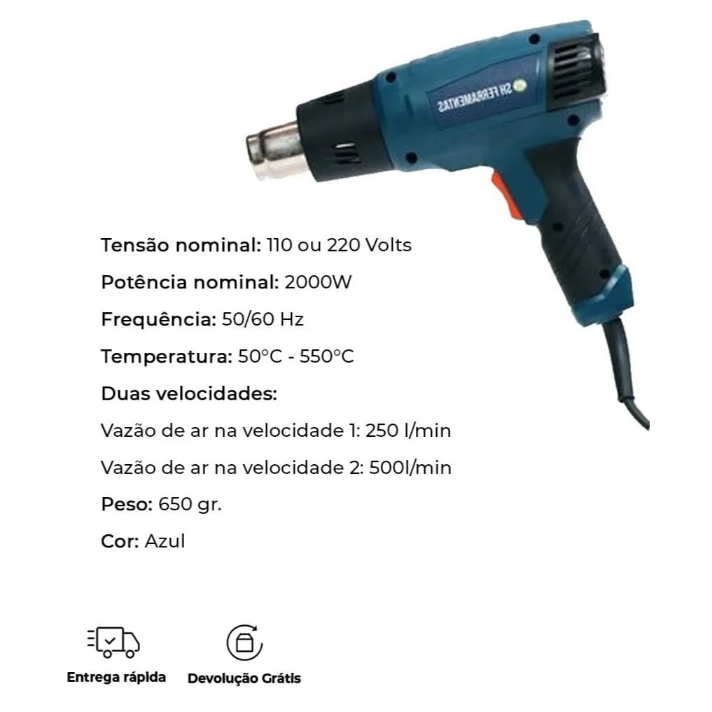 Soprador Térmico Profissional 2000w 50 a 550 Graus + 4 bicos Direcionados