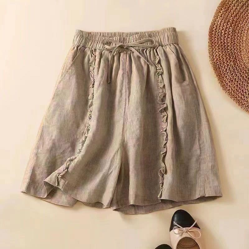 Algodão linho fungo borda Design Shorts de perna larga feminino literário Retro solto Casual cinco pontos calças médias
