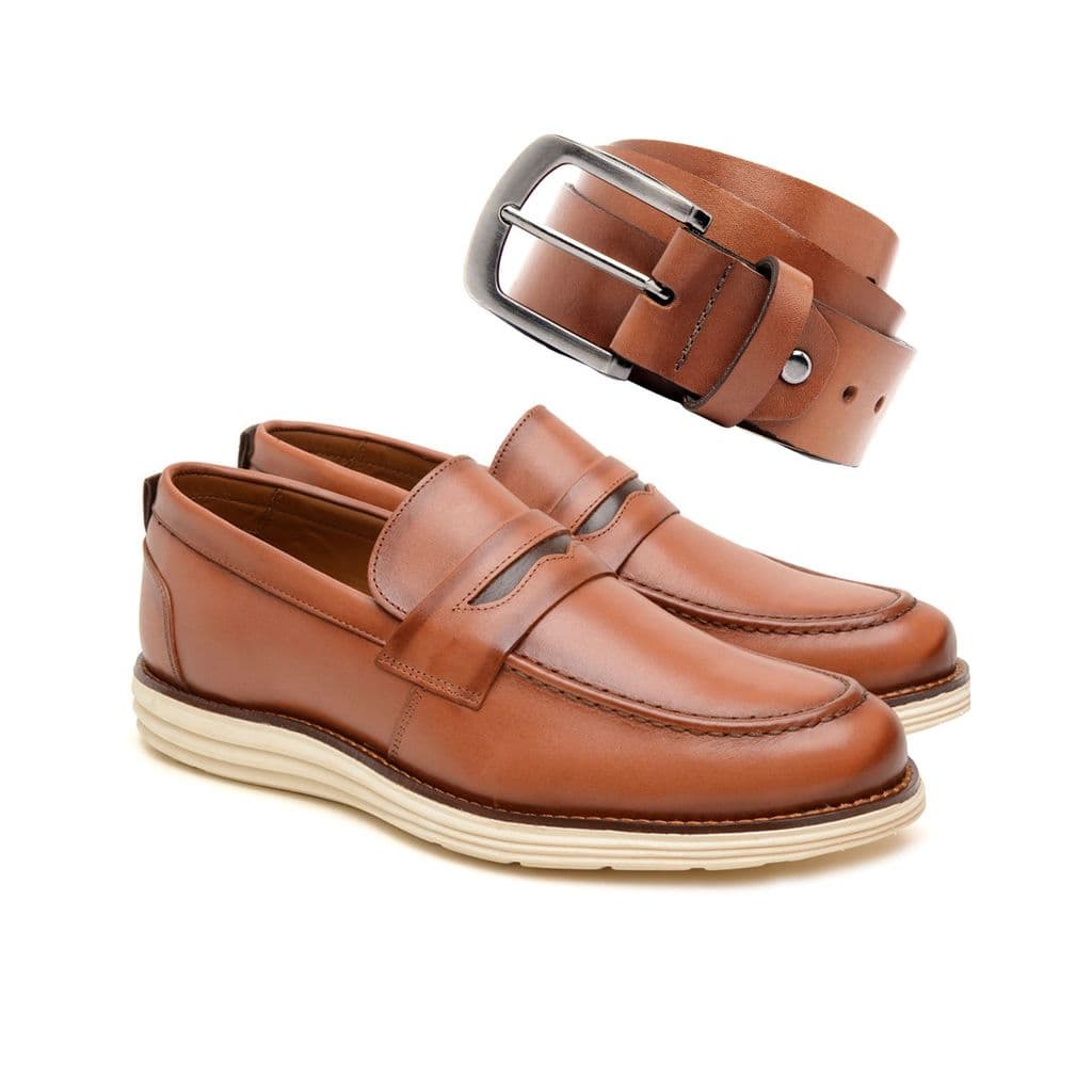 Kit  Caramelo Sapato  Masculino Loafer Couro Legítimo + Cinto Social