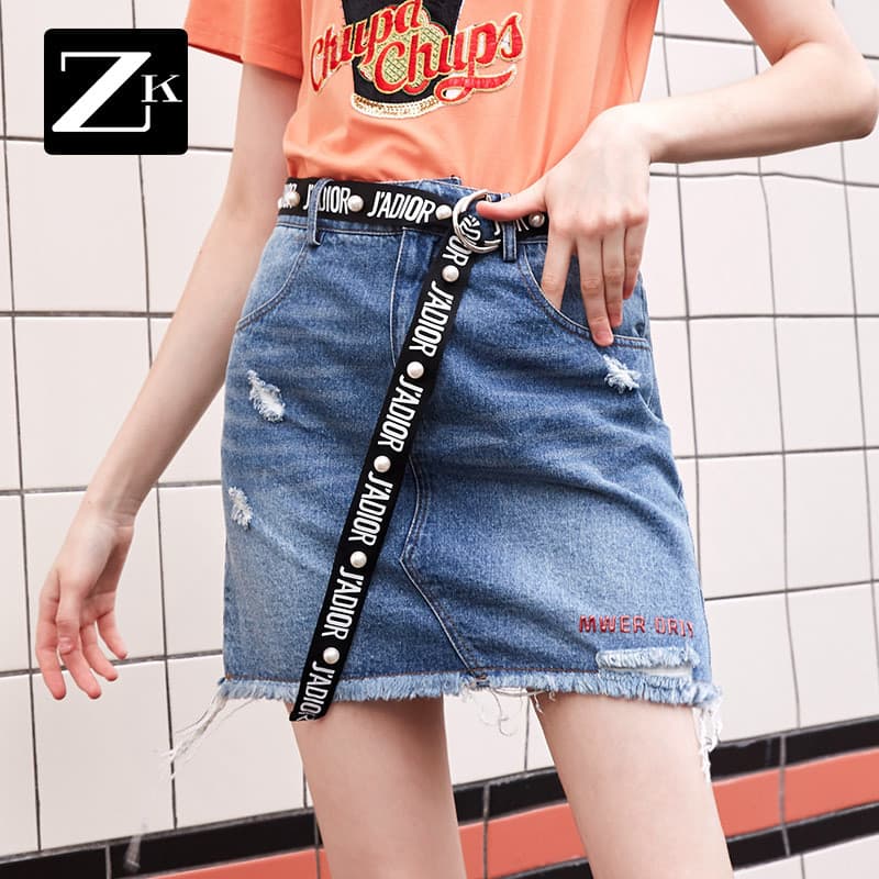 Zk lin rasgado Denim saia feminina 26 novo estilo cintura alta saia curta Super quente saia A linha saia elegante mais m