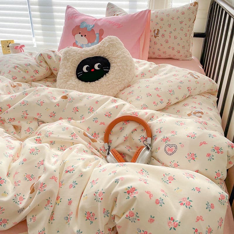 Ins pequeno fresco Floral cão lavado cama de algodão conjunto de quatro peças classe a dos desenhos animados estudante l