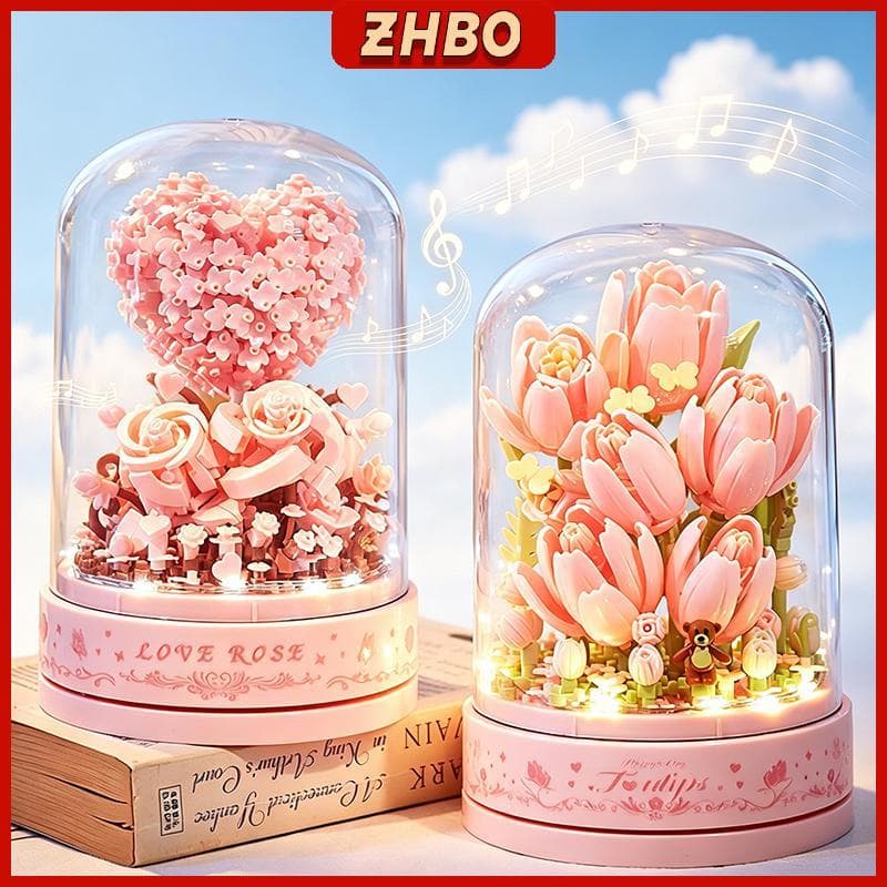 Mini blocos de montar com flores de cravo tulipa e rosa com caixinha de música Brinquedo
