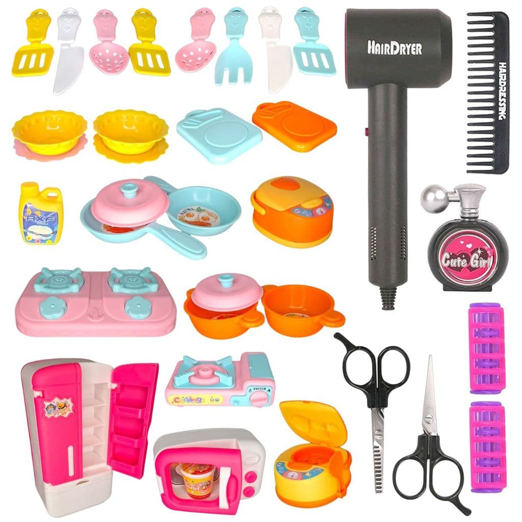 Kit Cozinha Infantil Fogão Geladeira 33 Pçs Ou Jogo Cozinha E Salão De Cabelo 40 Peças Completo