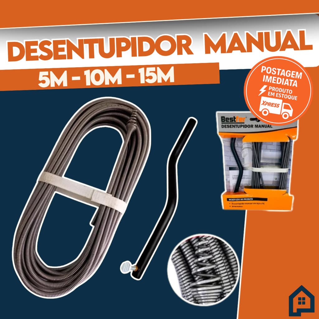 Desentupidor Manual 5m a 15m Mola de Aço Ralo Pia Banheiro Cozinha Quintal Cano Calha Bestfer